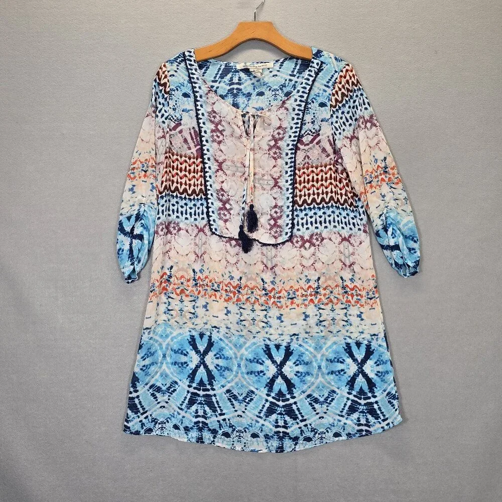 American Rag Swimsuit Cover Up Dress Tunic Patchwork Print Tassels Boho Medium